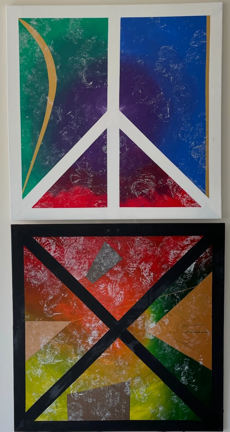Creation and Destruction: the complete diptych, with its white-framed upper panel and black-framed lower panel together on the wall.