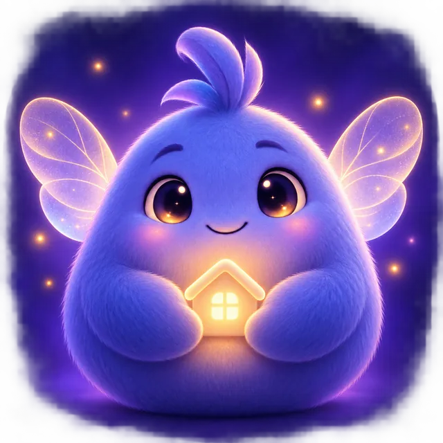 Hygge’s winged companion holding a glowing home.