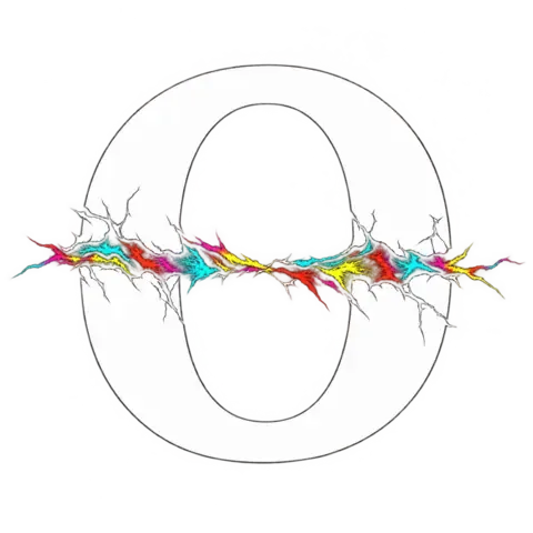 Omensource logo: a white O crossed by a colourful fissure.